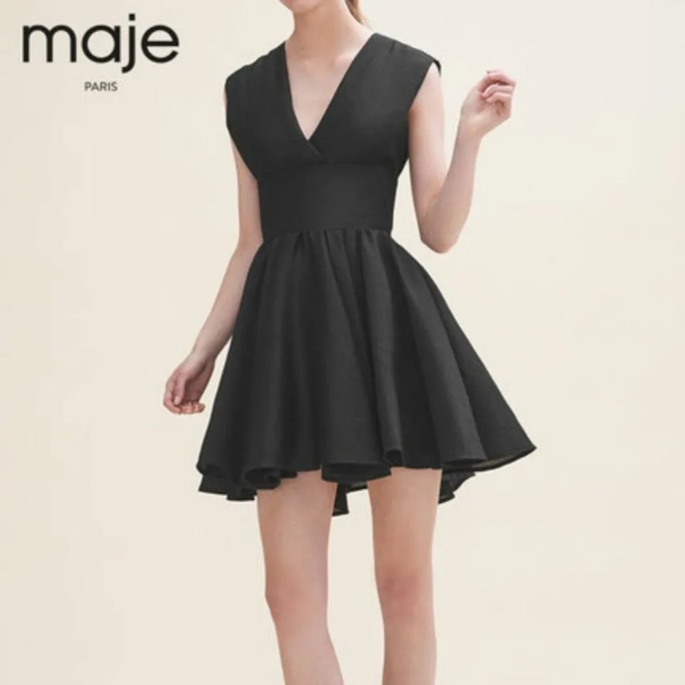 MAJE NWOT Revely Embroidered Organza Mini Fit & Flare Dress Black LBD Sz 2 $395